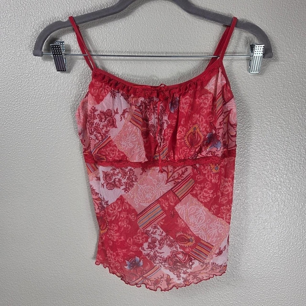 Y2K Sheer Mesh Cami Tank Red Paisley Floral Lace Trim Fairy Grunge‎ Boho Small